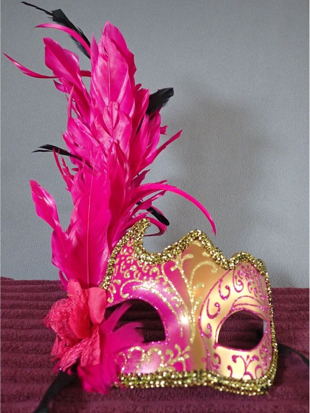 Venetian Carnival Masquerade Mask – Pink & Gold with Feathers – Made in France